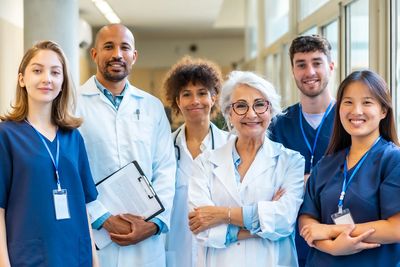 A diverse group of healthcare professionals smiling in a hospital.