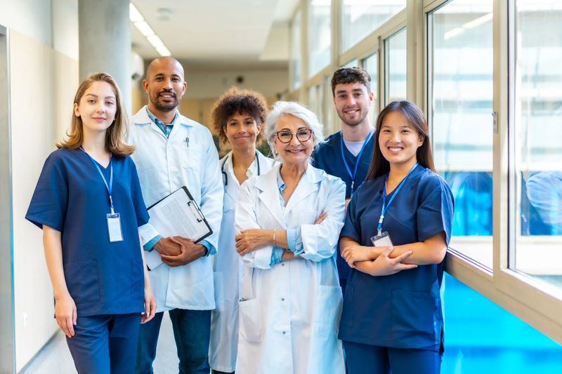 Portrait featuring a multi-ethnic medical team smiling confidently at the camera while gathered in a bustling hospital corridor