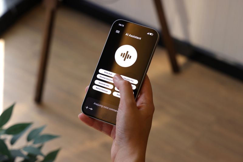 A close-up of a person holding a smartphone displaying an AI voice assistant app interface. The screen shows a listening state with the message “Analyzing voice command,” suggesting speech recognition and digital assistance. The soft indoor lighting and blurred background evoke a modern, connected lifestyle with a focus on productivity and emerging technology.