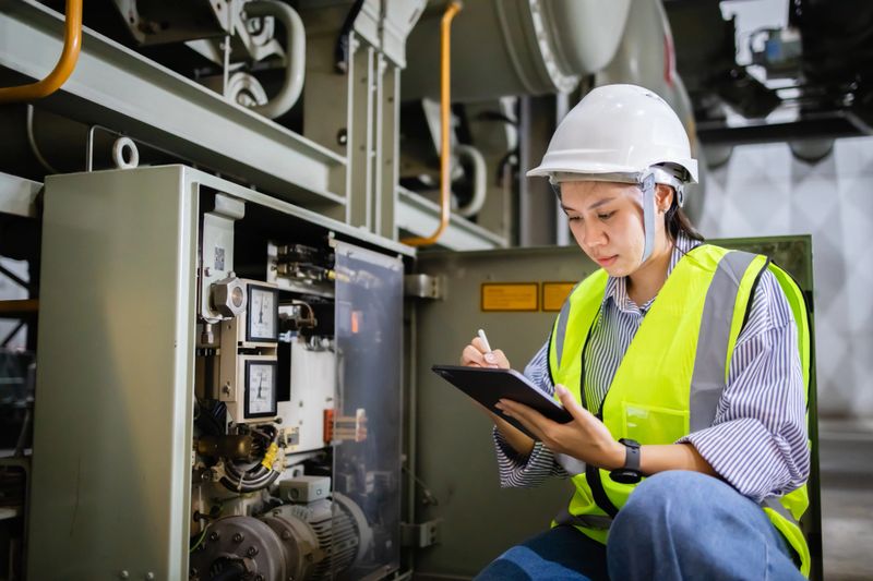 An engineer wearing safety helmet and vest inspects electric switchgear panel in gas insulated switchgear gis field of electric grid, ensuring safety and functionality