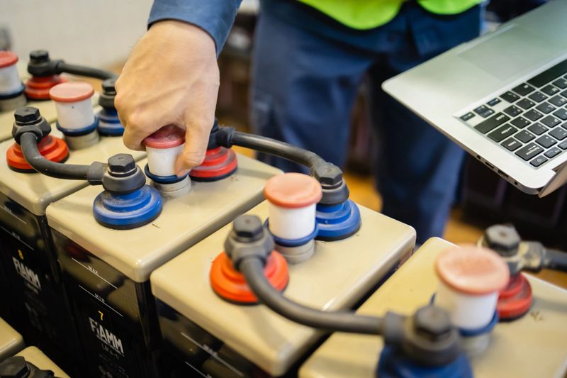 A technician performs maintenance on backup power system battery ensuring reliable energy supply and efficient operation in industrial setting with laptop nearby