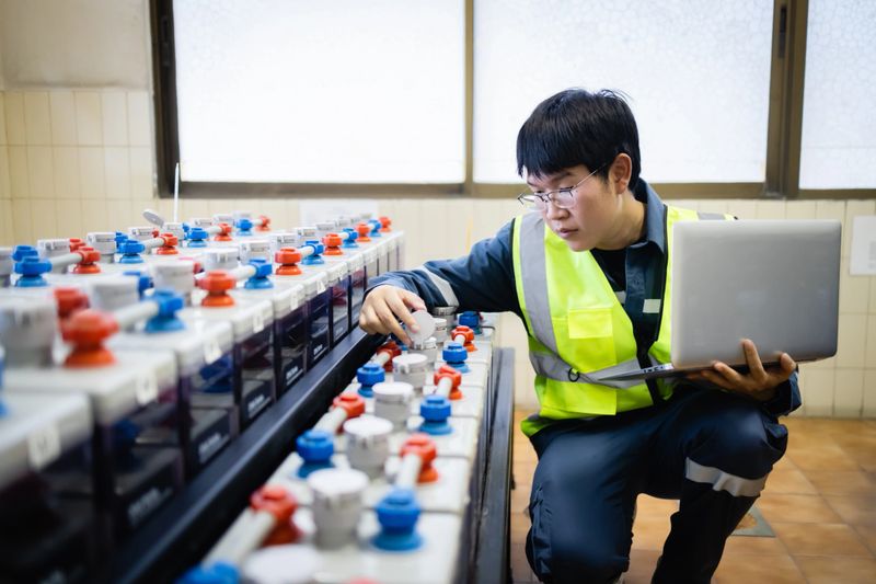 A technician inspects backup power system battery while holding laptop in maintenance room ensuring reliable energy supply and system functionality