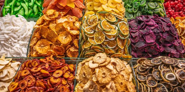 Colorful assortment of dried fruits.