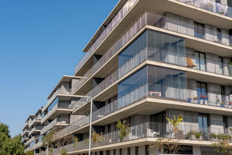 Modern apartment buildings in a housing development area seen in Badalona, Spain