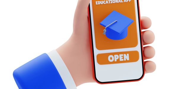 3D hand holding phone showing an educational app with an open button.