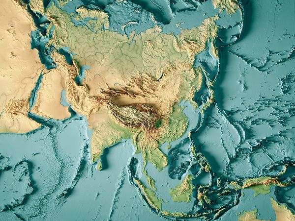 Topographic map highlighting the mountainous regions of Asia and Southeast Asia.