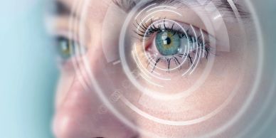 Close-up of green eye with digital interface overlay.