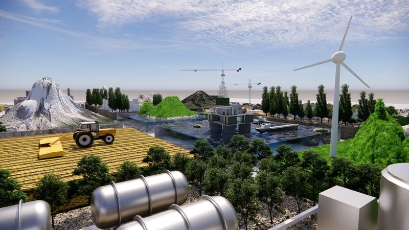 Island  of Hydrogen of chemical materials factory. Solar power generation.Gas hydrogen station 3D Rendering wind turbine.Dam and waterfall or water in nature for production.City of power.