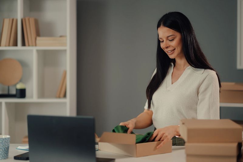 Young entrepreneur packing clothes in cardboard boxes, preparing online orders for shipment at her startup office