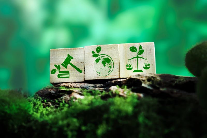 Three wooden blocks with green eco law, planet Earth, and justice icons on mossy rock, symbolizing sustainable development, legal protection of nature, and environmental justice in a green context.