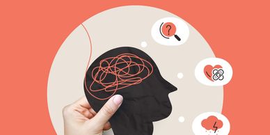 Hand holding a head silhouette with tangled lines, symbolizing mental confusion and emotions.