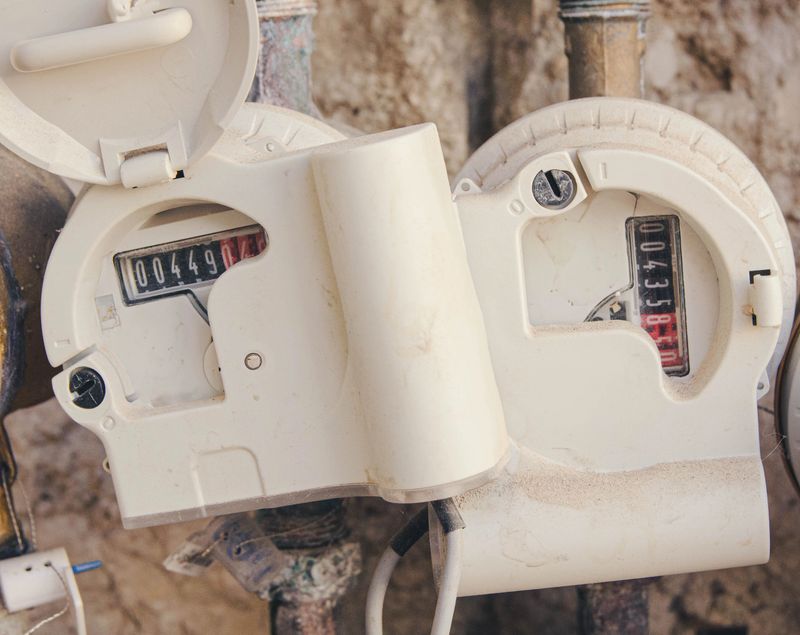 Detailed close up of two analog water utility meters mounted on a wall, used for residential water usage monitoring and plumbing infrastructure