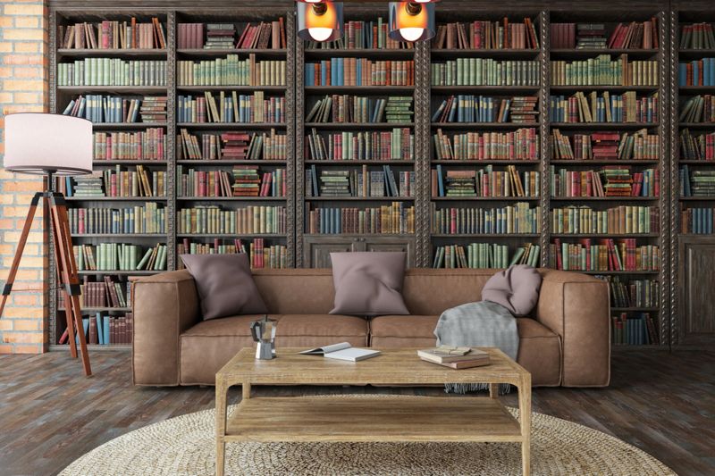 Comfortable Home Reading Area With Brown Leather Couch. 3D Render