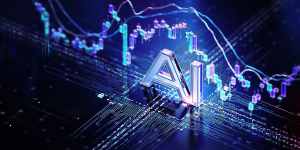 3D AI letters with digital stock market charts and circuit board background.