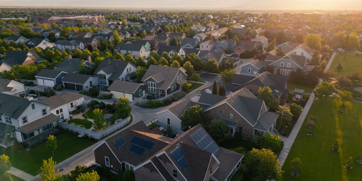 Aerial view of a suburban neighborhood at sunset with houses and greenery.