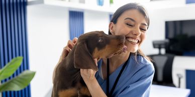 Vet happily playing with a dog licking her face.