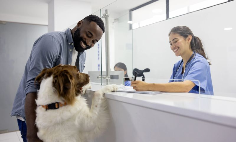 Happy Latin American veterinarian greeting at dog and owner in the reception at the animal hospital and smiling