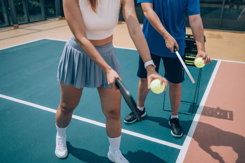 Close up of a male pickleball coach is teaching a woman to play pickleball on an outdoor court.