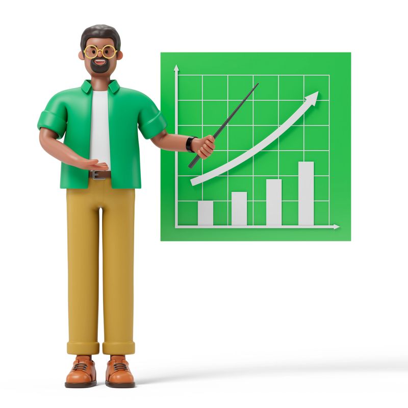 A man points to a green chart with a rising arrow and bar graph, symbolizing growth, progress, or success in business. 3D rendering, conceptual image. Isolated on white background.