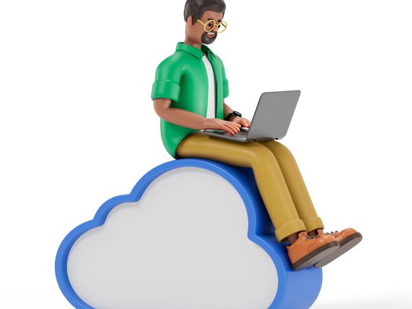 3D man sitting on a cloud using a laptop.
