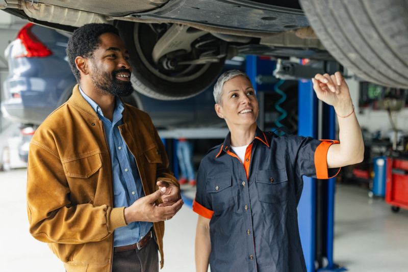 A professional mechanic explains the car's condition to a customer in an automotive repair shop, highlighting teamwork and expertise in vehicle maintenance and repair services.