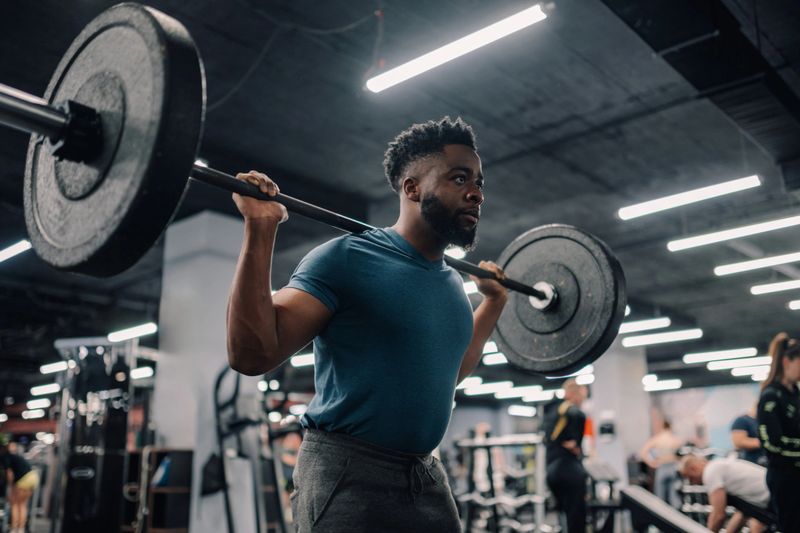 Determined young adult male bodybuilder lifting weights during intense workout session in modern gym