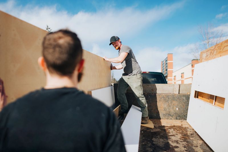 Contracted Caucasian laborers does demo work, loading the torn out materials into a truck trailer to haul to the junkyard.  Shot in Washington state.