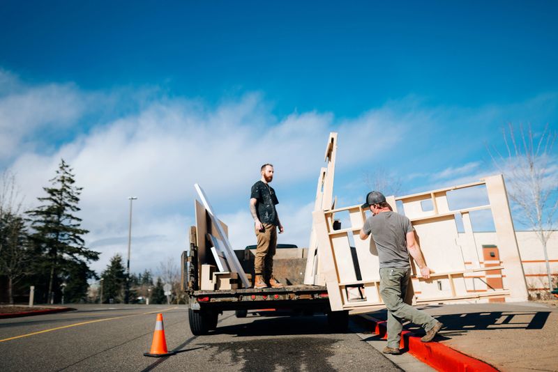 Contracted Caucasian laborers does demo work, loading the torn out materials into a truck trailer to haul to the junkyard.  Shot in Washington state.