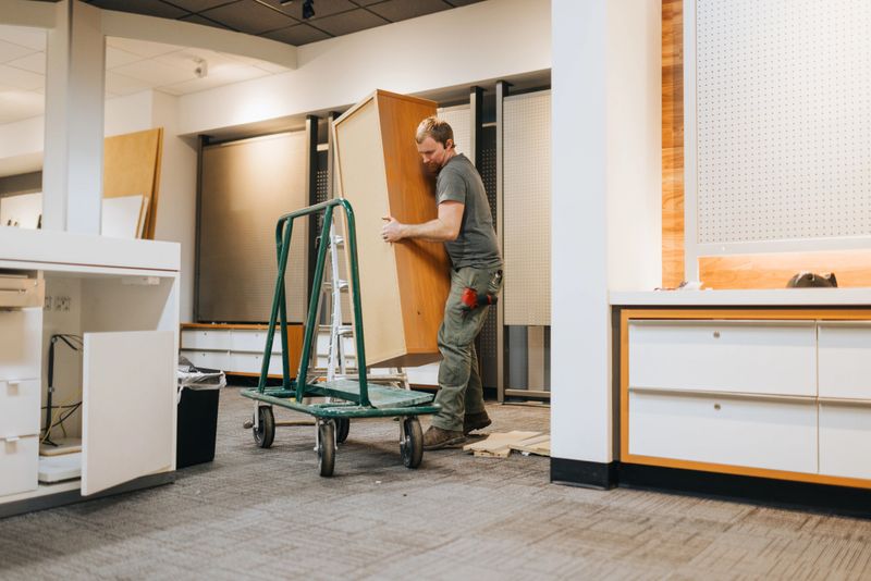 A Caucasian contracted laborer does demo work inside of a commercial building, preparing for remodel of the store.  Shot in Washington state.