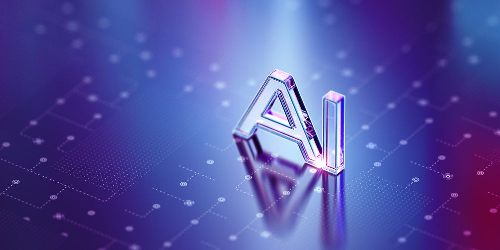 3D glass letters 'AI' reflecting on a blue-purple digital background.