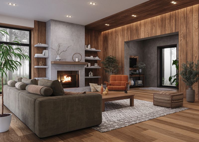 Cozy modern living room with natural wood accents, soft neutral furniture, and a minimalist concrete fireplace. Surrounded by large windows offering a serene forest view