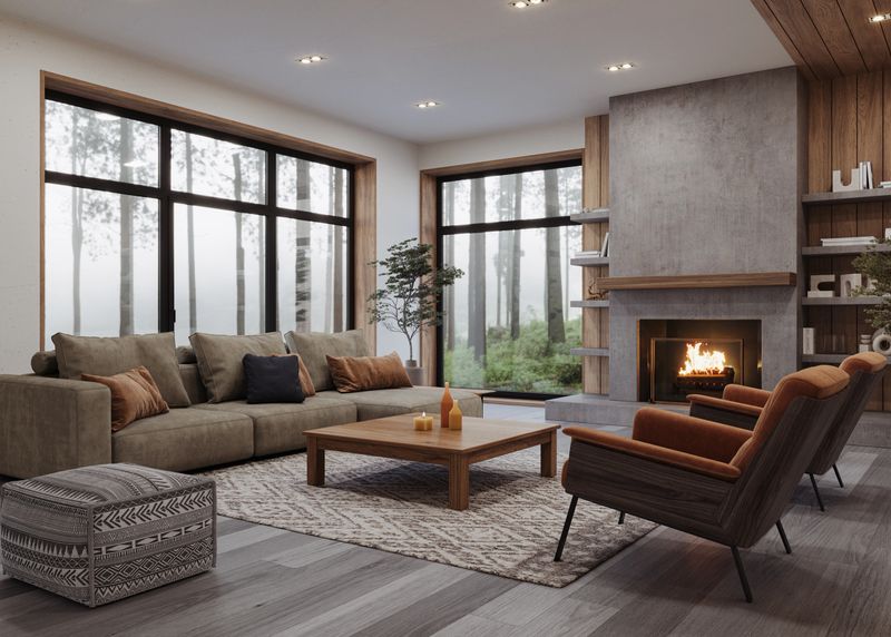 Cozy modern living room with natural wood accents, soft neutral furniture, and a minimalist concrete fireplace. Surrounded by large windows offering a serene forest view