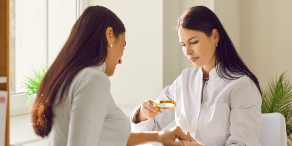 Doctor examining patient's skin with a magnifying glass.