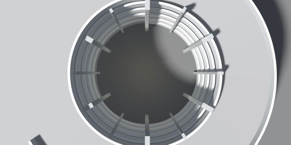 Top view of a spiral staircase with shadows.