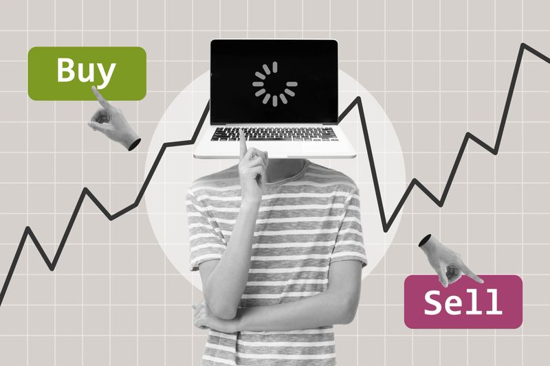 AI agent thinking about buying or selling stock. Artificial intelligence decision making process in finance technology. Automated trading bot concept. Black and white digital collage.