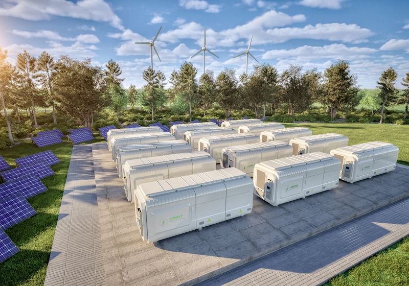 3d rendering group of energy storage systems or battery container units with zero emission