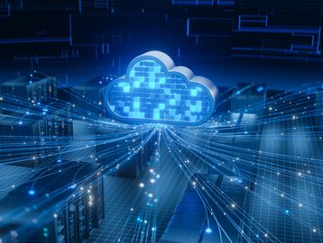 Digital cloud icon with data streams over a server room.