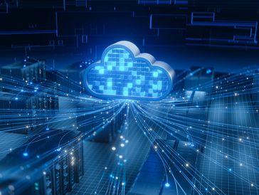 Digital cloud icon connected to data streams in a server room.