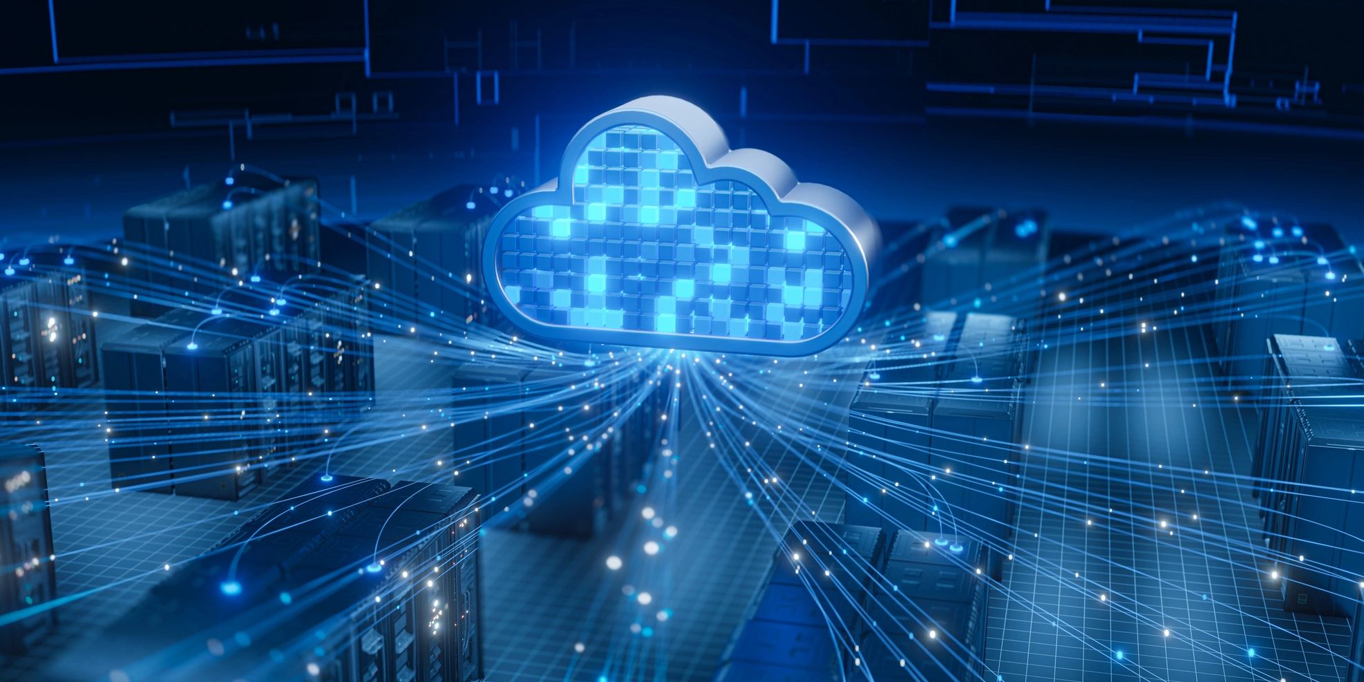 Blue cloud computing infrastructure representing secure data storage, backup, and disaster recovery 
