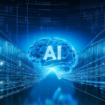 Futuristic AI brain glowing in a digital data center environment.