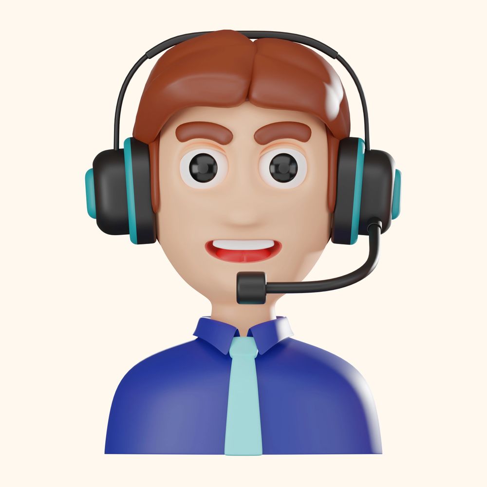 3D cartoon avatar of a man with headset and tie.