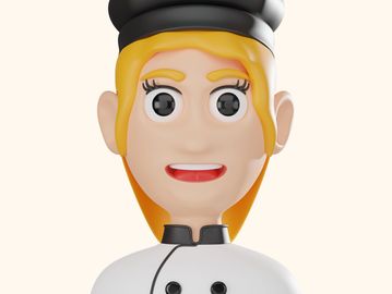 3D animated chef with a black hat and white uniform.
