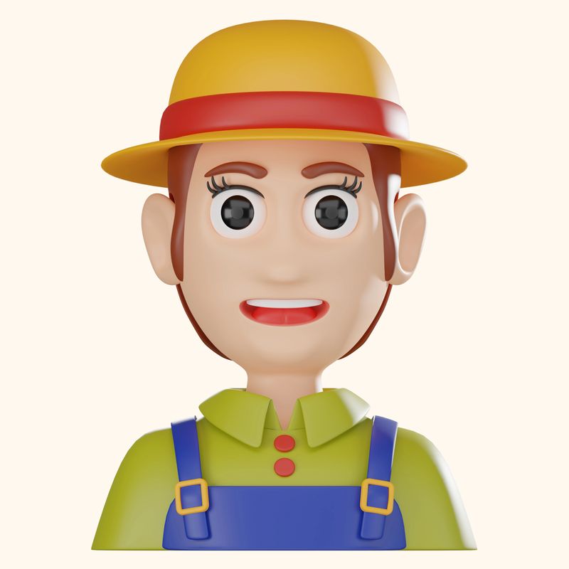 Farmer avatar, featuring a friendly smile and farm attire. Perfect for digital art, agricultural designs, and countryside-themed visuals. 3D render illustration