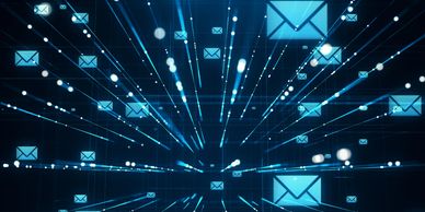 Digital envelopes representing fast email communication in a futuristic network.