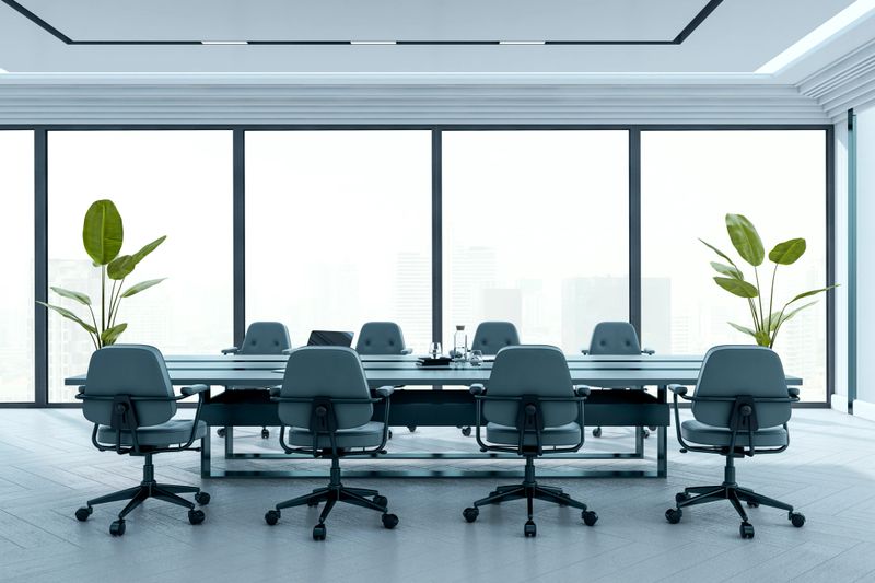 Sleek modern boardroom with luxury design, minimalist executive furniture, city view background, professional workspace concept. 3D Rendering