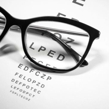 Glasses resting on an eye chart.