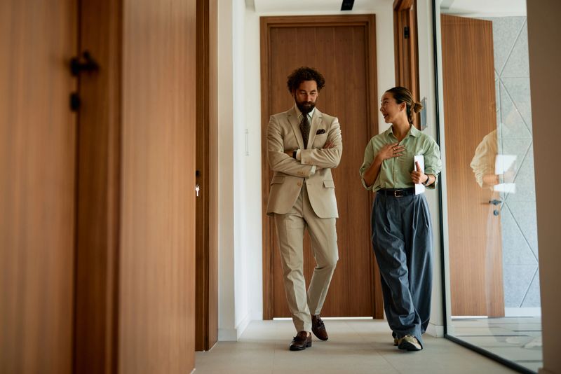 Real estate professional guiding a potential buyer through a stylish modern apartment, discussing key property features while addressing questions and fostering open communication