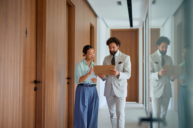 Businessman and businesswoman reviewing documents on a clipboard while walking down an office hallway, discussing work and collaborating on a project