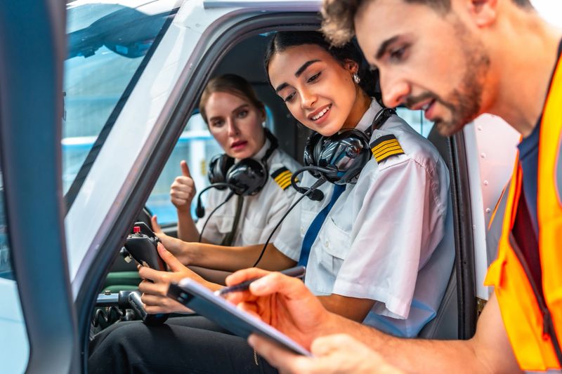 Flight instructor showing pre-flight checklist to two smiling female pilots inside the cockpit of a small airplane