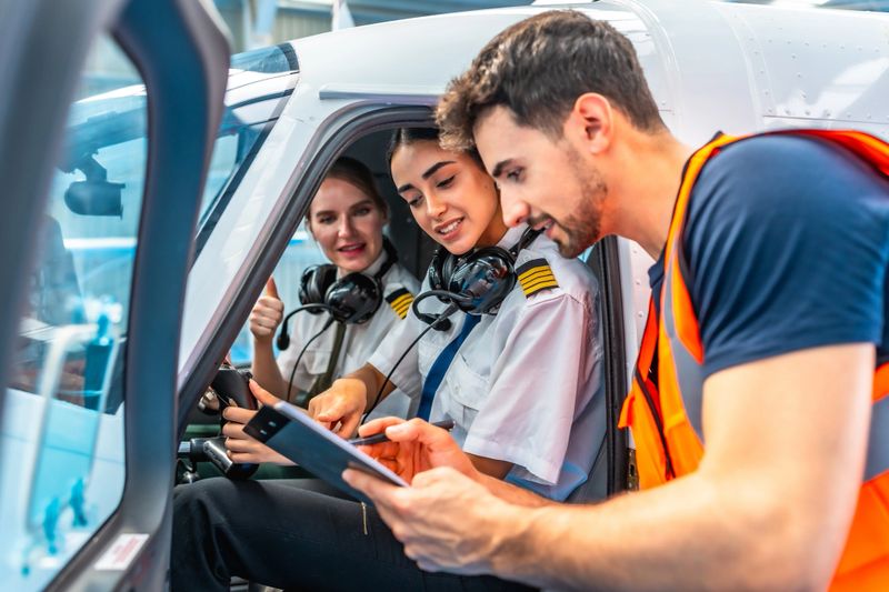 Maintenance engineer using tablet to explain pre-flight check to two smiling female pilots sitting in the cockpit of a small airplane